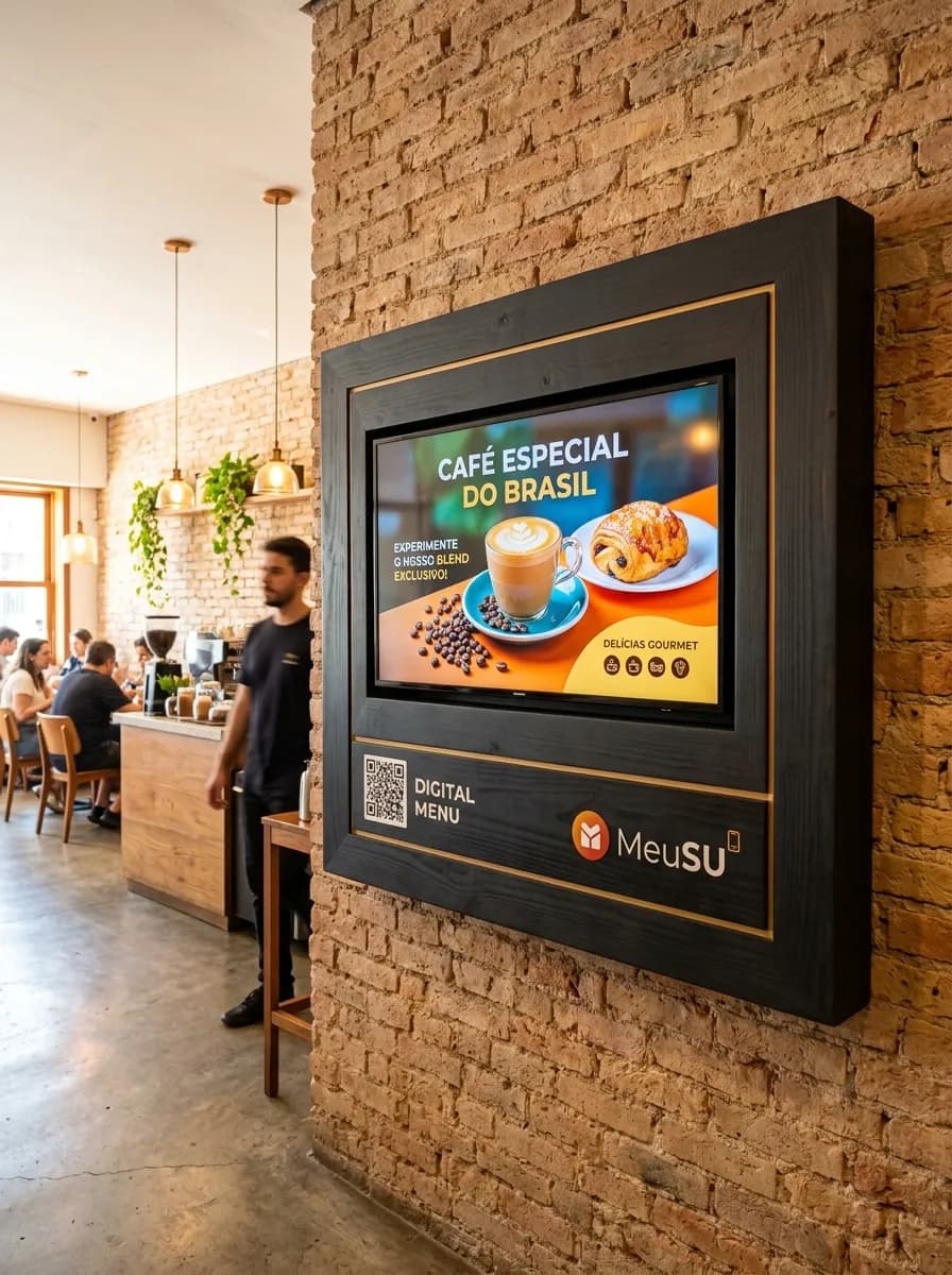Painel digital SU Mídia instalado em cafeteria